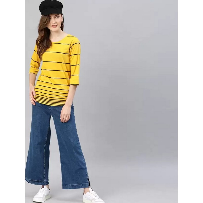 HERE&NOW  Women Striped Round Neck Pure Cotton Multicolor T-Shirt