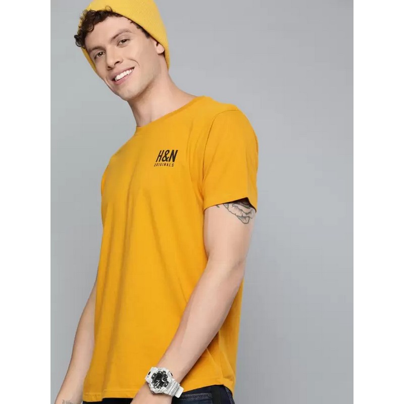 HERE&NOW  Men Solid Round Neck Pure Cotton Yellow T-Shirt
