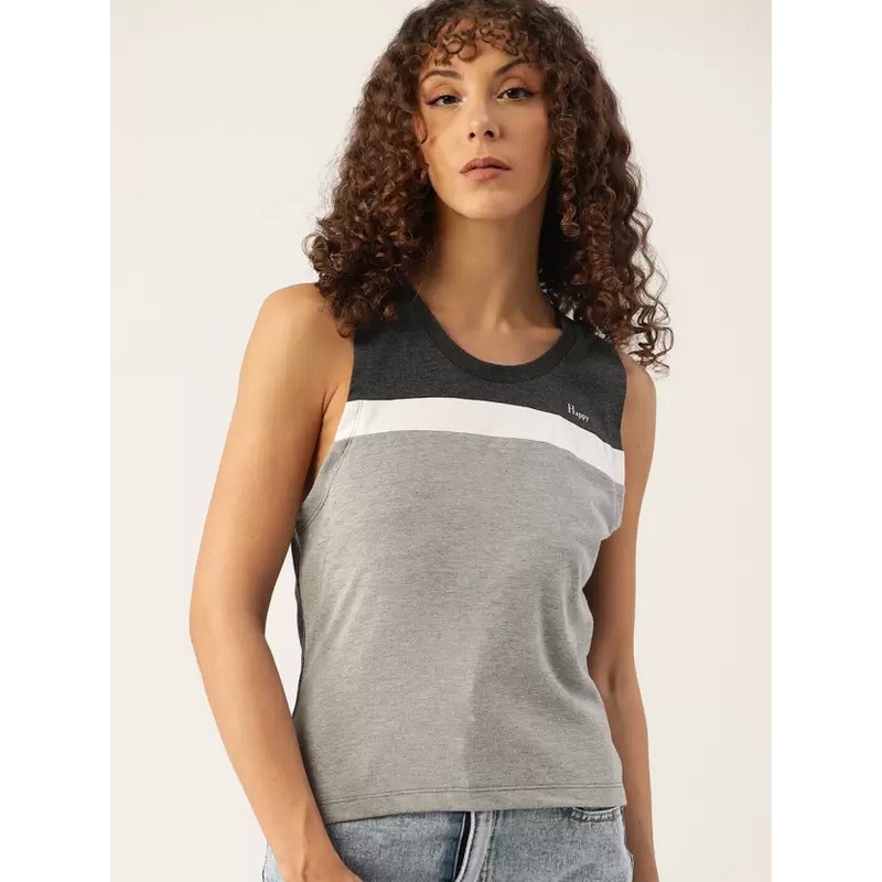 Kook N Keech  Women Colorblock Round Neck Organic Cotton Grey T-Shirt