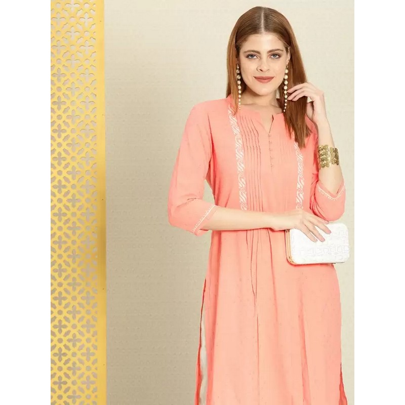 House of Pataudi Women Woven Design Pure Cotton Straight Kurta  (Pink, White)